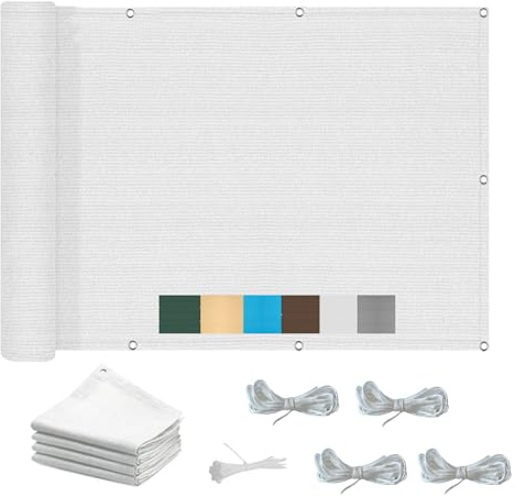 Premium 1,8 x 9,5 m Markise mit Ösen - HDPE Sonnenschutz atmungsaktiv & wasserdurchlässig ohne Bohren Montage perfekt für Balkon & Garten inklusive Gratis Seil weiß