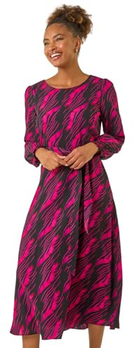 Roman Originals Floral Print Shirred Midi Dress for Women UK - Ladies Everyday Holiday Spring Summer Round Neckline Comfy Soft Evening Vacation Work Party - Pink Multi - Size 14