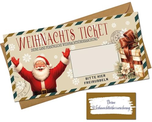 Weihnachts Ticket - zum Personalisieren - mit Rubbelaufkleber | Weihnachtsgeschenk Gutschein zum selber ausfüllen mit Rubbelsticker | Rubbelkarte zum Beschriften - Weihnachts Gutschein