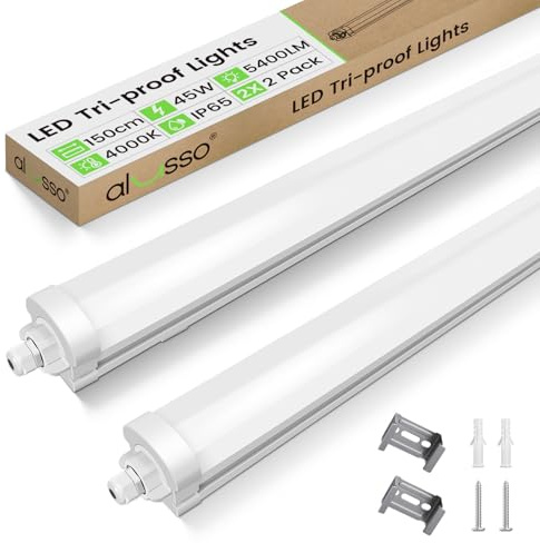 ALUSSO 4 Stück LED Feuchtraumleuchte 150CM, 45W 5400LM LED Röhre 4000K, IP65 Wasserfest Feuchtraumlampe Werkstatt Deckenleuchte für Garage,Keller,Werkstatt,Feuchtraum,Bad,Büro,Warenhaus