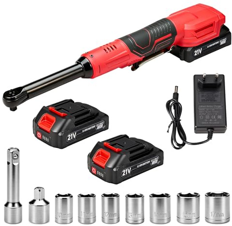 3/8 Akku Ratschenschrauber 21V, 15cm Extra Langer Hals Elektrische Ratsche, 85Nm Drehmoment, 400 U/min, 2x 2.0Ah Akkus, Schnellladegerät, 7 Steckschlüssel & Adapter Set für KFZ, Werkstatt & Montage