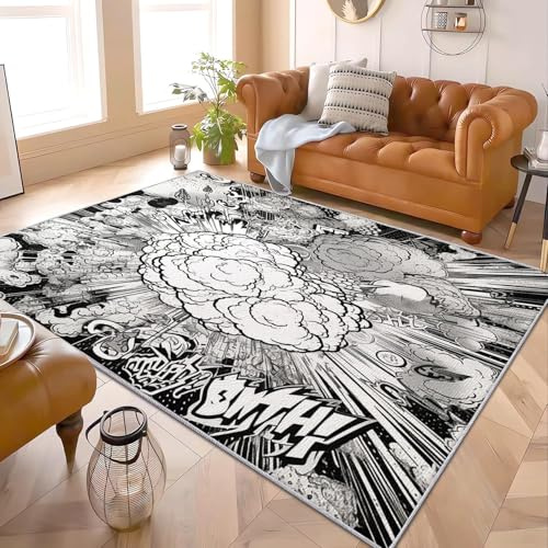 Comic Stil Explosionsmuster Flanell Kurzflor Teppich 60x90 cm Teppich mit Rutschfestem TPR-Rücken Schwarzweiß Weich Antirutsch Moderner Maschinenwaschbar für Wohnzimmer Schlafzimmer