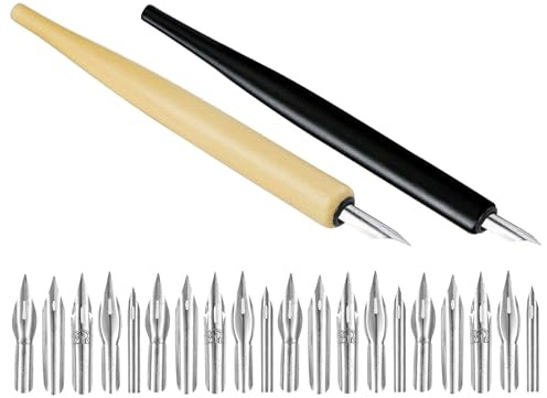 Veemoon 2 Sets Wooden Handle Dip Calligraphy Pens with 20 Replaceable Nibs, and Black Flat Head Fountain Pens for Manga Drawing, Comic Ink Sketching and Artistic Writing