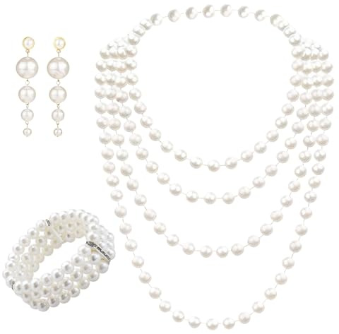 GifBasg Luxueux Ensemble de Bijoux en Perles Années 1920, Boucles d’oreilles Élégantes, Bracelet Raffiné, Long Collier Moderne pour Fêtes Thématiques, Mariages, et Soirées Vintage Glamour