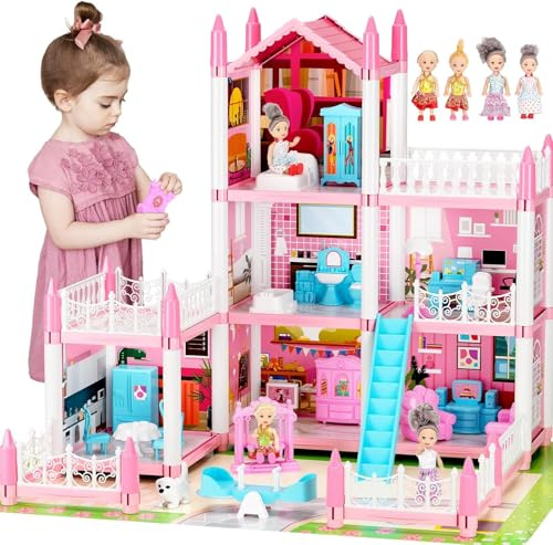 Big Doll House for Kids Ages 3 4 5 6 7 8, 3-Story 6 Rooms Princess Play House Toys with 4 Doll & Doll Furnitures, DIY Dollhouse with Light Strip