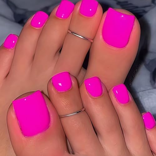 Rose Red Press on Toe nails Short Square Fake Toe Nails Solid Color Toe Nail Tips Hot Pink False Toenails Glossy Summer Acrylic Toe Manicure Decorations for Women Girls 24Pcs