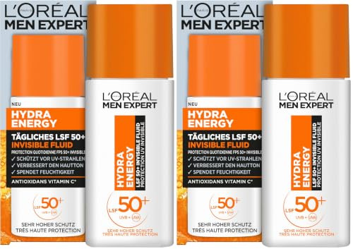 L'Oréal Men Expert UV Sonnenschutz LSF 50 für Männer, Invisible Fluid für das Gesicht gegen Sonnenstrahlen, Herren Sonnencreme SPF 50+ gegen Hautalterung mit Vitamin C, Hydra Energy, 1 x 50 ml