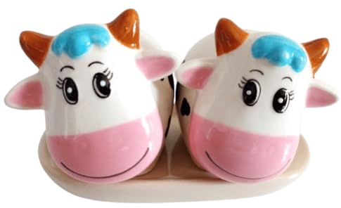 Unbekannt Salz und Pfefferstreuer Set - KUH CARTOON mit weißem Untersetzer - Keramik - Wuerzstreuer