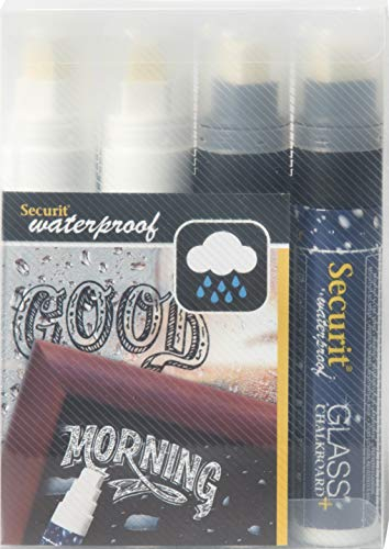 SECURIT - Set Da 4 Pennarelli A Gesso Liquido Resistenti all'Acqua - Per Lavagne, Vetro, Metallo, Porcellana, Specchio, Plastica - Punta Grande 7-15mm - Colori Bianco, Nero