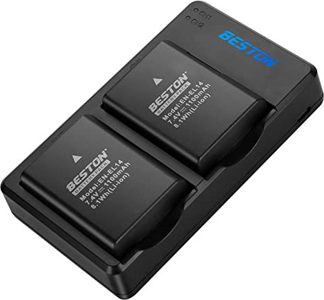 BESTON EN-EL14 / EN-EL14a Lot de 2 Batteries et Chargeur USB pour appareils Photo Nikon D3100 D3200 D3300 D3400 D3500 D5100 D5200 D5300 D5500 D5600 DF Coolpix P7000 P7100 P7700 P7800