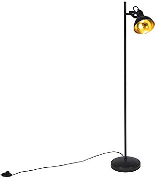 Qazqa - Industrie I Vintage I Industrie I Vintage I Stehlampe schwarz mit Gold I Messing 1-Licht - Tommy I Wohnzimmer I Schlafzimmer - Stahl Länglich I Rund - LED geeignet E14