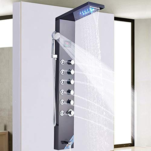 LED Duschpaneel aus rostfreiem Edelstahl mit Temperaturanzeige und 8 Massagedüsen Farbe: (Schwarz)