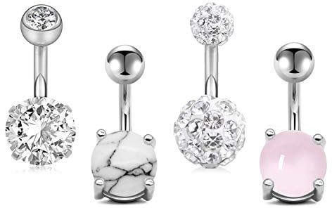 JFORYOU 4 Pcs Anneau de Nombril Piercing au Nombril 14G Acier Inoxydable Faux Cristal CZ Clou Ombilical pour Femmes Homme Filles Bijoux de Corps Ventre Barre 6mm