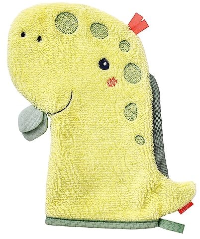 Fehn 051230 Waschhandschuh Dino – Waschlappen mit Tiermotiv für fröhlichen Badespaß, für Babys und Kinder AB 0+ Monaten