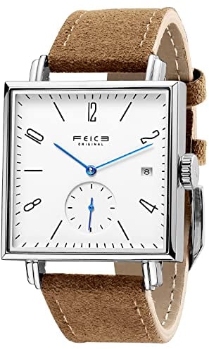 FEICE Unisex Eckig Mechanische Uhr Automatikwerk mit Saphirglas Lederarmband Ø34mm FM301 (Braun)