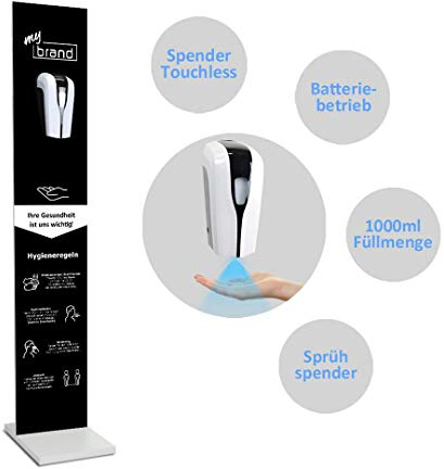MyMAXXI | Mobiler Hand Desinfektionsständer Wood Printed Logo Sensor 1000ml mit individuellem Logo im Schwarz-Design stehend automatisch Infrarot | touchless Disinfection | Desinfektionsspender