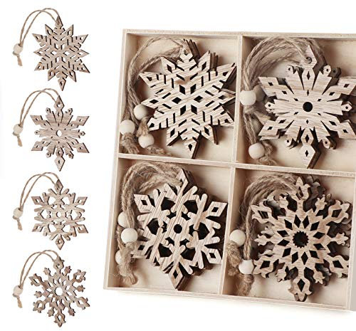 Agoer 16 Weihnachten Holz Schneeflocken Ornamente 4 Verschieden mit Jute Kordel für DIY Basteln Weihnachtsbaum 7.5cm