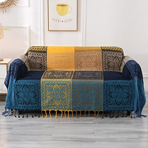 DECMAY Chenille Jacquard Boho Throw Blanket with Tassels, Throw for 2 3 4 Seater Sofa, Tartan Blankets and Throws for Bedspreads Armchairs Furniture Bed Throw (Blue Yellow, 220 x 260 cm)