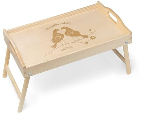 Maverton Serviertablett mit Gravur, Tabletttisch mit Griffen, Hellbraun | Klappbare Beine, erhöhter Rand, Geschenk für Paare, Einzugsgeschenk, Hochzeitsgeschenk, Hellbraun, Unzertrennlich