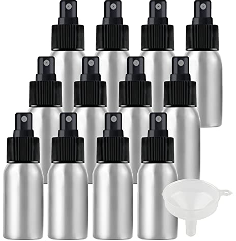 ZEOABSY 24 Piezas Pequeño 50ml Spray de Aluminio Plata Botella de Spray Vacía con Pulverizador Negro de Niebla Fina Atomizador para Perfume Aromaterapia Agua Líquidos Tamaño de Viaje, Embudo