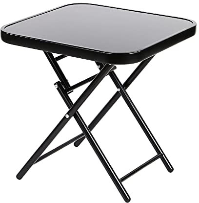 Taylor & Brown 50cm Folding Drinks Side Table, Foldable Coffee Table, Outdoor Garden Table, Small Square Patio Table - Black with Tempered Glass Top - 45x45x50cm