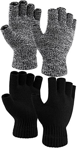COORABY 2 Paar verdickte Kaschmir-warme Halbfingerhandschuhe Winter gestrickte fingerlose Handschuhe für Damen und Herren, Schwarz, Schwarz und Weiß, M