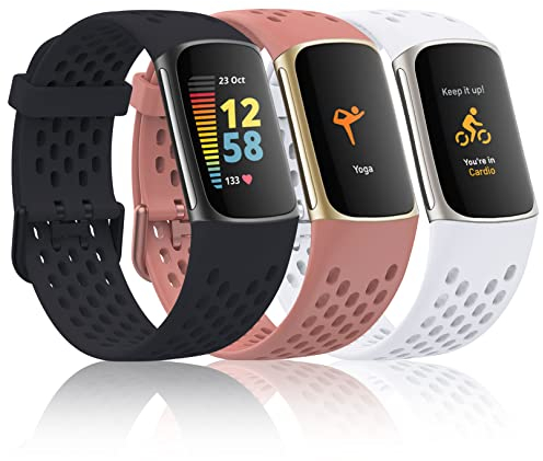 Wizvv Strap Compatible with Fitbit Charge 6 Charge 5 Tracker,Breathable Soft Silicone Sport Watch Straps Replacement for Charge 5 for Women Men,3 Packs-Black/White/Pink