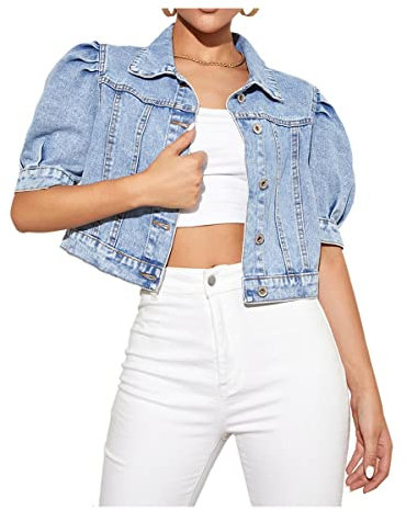 Kedera Women's Crop Denim Jacket Distressed Short Puff Sleeve Cropped Jean Jackets Coat, Blue, Medium