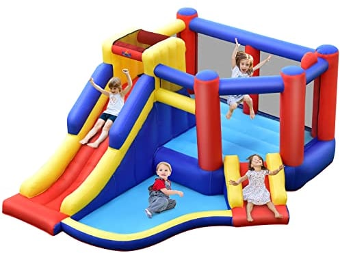 COSTWAY Castello Gonfiabile per Bambini, Casa Gonfiabile con Scivolo, Area per Saltare, Piscina, Parete per Arrampicarsi, con Borsa di Trasporto e Kit di Riparazione, per 4 Bambini di 3-10 Anni