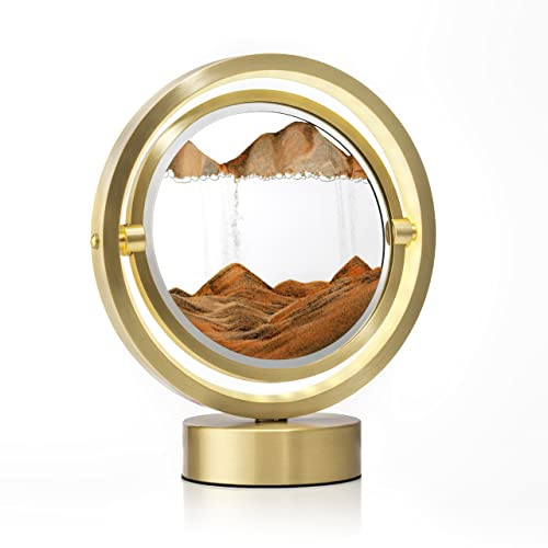 Auraglow Sandscape Touch Lamp Gold, 3D Moving Sand Art with Light | 360 rotation dimmable ring glow, adjustable colour temperature, relaxing desk and bedside ornament, metal frame