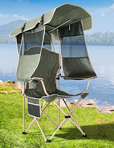 Docusvect Folding Beach Chair with Canopy, 150 kg Heavy Duty Folding Camping Chair for Adults with Canopy, Cup Holder, Side Pocket for Beach, Camp, and Fishing