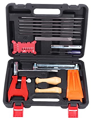 Tyenaza 16Pcs Universal Chainsaw Field Sharpening Kit, Chainsaw Chain Sharpener File Kit with Storage Case, Round Files Flat File Wood Handle Filing Guide Pouch for Sharpening Chainsaw