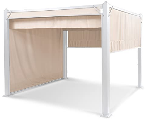 blumfeldt Pantheon Cortina Tonnelle Jardin Aluminium 3x3 m,4 Panneaux Latéraux Enroulables,Tonnelle Pliante,Barnum Pliant,Poteaux d'angle 10x10cm,Toile Revêtement Hydrofuge,Pergola,Beige Beige/Blanc