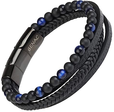 genac Neuf Herrenarmband aus 6mm Natursteinperlen und Echtleder Hochwertiges, mehrfach gewebtes Leder mit abnehmbarem Magnetverschluss aus Edelstahl zur einfac (Blau)