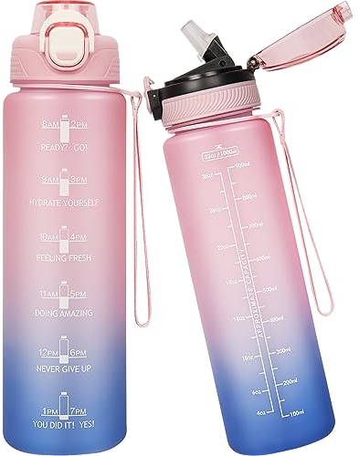 Seekua Sport Tritan Trinkflasche 1l mit Strohhalm & Zeitmarkierung, Große Wasserflasche mit Uhrzeit, Kohlensäure Geeignet Sportflasche für Fahrrad, Fitness, Gym, 2 Deckel, 1 liter