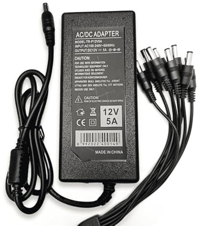 Sentry 12V 5A PSU Power Supply Unit Adapter AC/DC UK 3-Pin mains 240v AC to 12v DC for CCTV Cameras Monitors DVRs Lightings (NO SPLITTER) (8-Way Splitter)