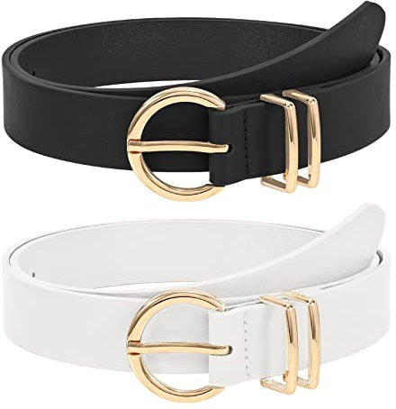 WHIPPY 2 Stücke Ledergürtel für Damen goldene Schnalle Leder gürtel für Jeans Hosen Kleid,schwarz/weiß,150cm