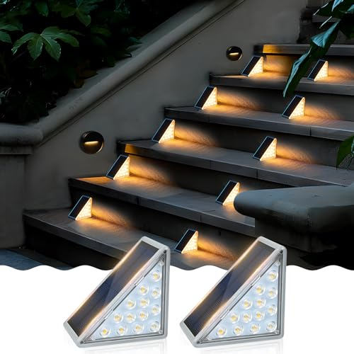 WORLUDE 2 Stück Solarleuchten für den Außen, Solar Treppe Lampe Wasserdichte LED-Beleuchtung intelligente Lichterkennung, Geeignet für Außendeck, Treppenzaun, Garten, Terrasse, Dachrinne – Warmweiß