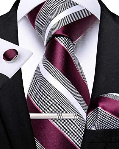 DiBanGu Burgund und Grau Gestreift Krawatte für Herren formellen Seiden-krawatte und Einstecktuch Manschettenknöpfe Hochzeit Party Krawattenklammer Set