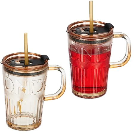 Relaxdays Set de 2 Vasos, Jarras para Beber con Tapa y Pajita, Jarritas Batidos y Zumos 450 ml, con Asa, Marrón Claro, 13x13x8,5cm