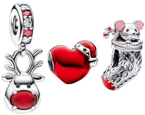 Feitery Christmas Charms Christmas Mouse and Reindeer Charm Set Kompatibilität für Pandora Armband Bead Charm für Damen Weihnachtszeit
