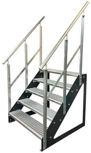 Kaminbau Mierzwa Premium Stahl Treppe Freistehend mit beidseitig verzinktem Geländer/Wangen Anthrazit RAL 7016/5 Stufen verzinkt (Breite 600 mm) (Höhe 95 cm) Gitterroststufe Gartentreppe
