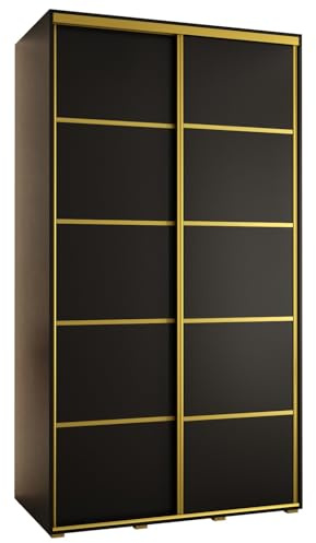 MEBLE KRYSPOL Davos 4 130 Schrank mit Zwei Schiebetüren für Schlafzimmer - Moderner Kleiderschrank mit Kleiderstange und Regalen - 235,2x130x60 cm - Schwarz Schwarz Gold