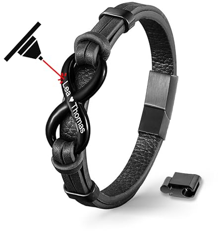 UNIQAL Lederarmband Herren Schwarz mit Gravur – Infinity Symbol & Magnetverschluss – Edelstahl & Echtleder – Personalisiertes Armband mit Geschenkbox, Geschenk für Männer, Freund, Vater oder Ehemann
