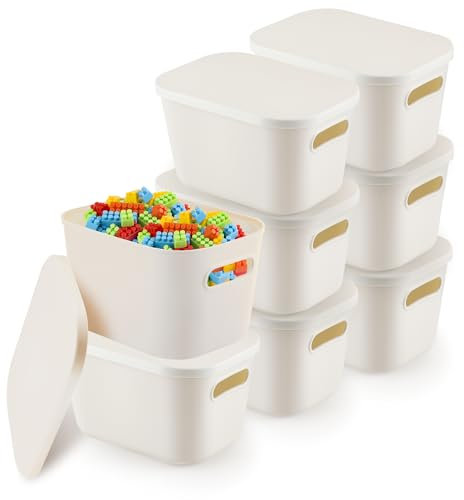 WENLISELL 8 Pcs Plastic Storage Boxes with Lids, White Storage Organiser with Handle, Stacking Plastic Storage Boxes for Shelves, Closet, Office,24x17x14cm