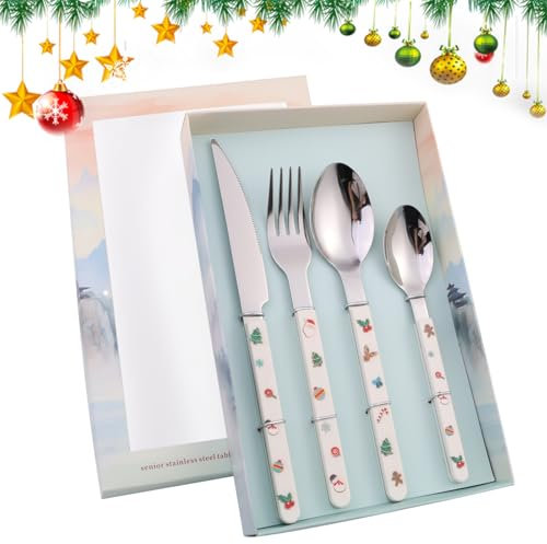 Posate Natalizie,Servizio di Posate in Acciaio Inox,Set di Posate con Custodia Portatile,lavabili in lavastoviglie,Posate Moderne,Set di Posate Finemente Lucidate,Regali di Natale e Decorazioni