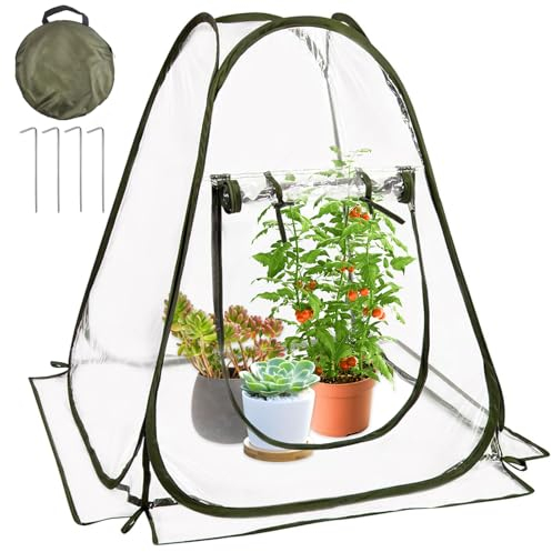 LINSOCLE Gewächshaus Klein, Überwinterungszelt für Pflanzen, Winterschutz für Pflanzen Zelt, Transparentes PVC Pop Up Mini Gewächshaus Pflanzenschutz Winter Frostschutz (70x70x80cm)