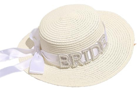 Pmnzdy Bride Sonnenhut Wedding Beach UV-Schutz Breite Faltbarer Braut Hüte Schleife Hut Urlaub Strand Jute Strohhut Sonnenhut Krempenhut Schlapphut Brauthüte Diamond Pearl hat Frauen Hochzeit Weiß 1#
