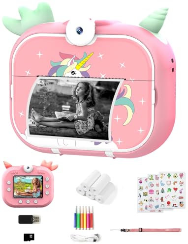 Robofun Appareil Photo Enfant Instantané, 2.4 1080P HD Appareil Photo Instantané Numérique avec 5 Rouleaux de Papier à Imprimer, 48MP/180° Double Objectif, Cadeau pour Filles Garçons 3-12 Ans(Rose)