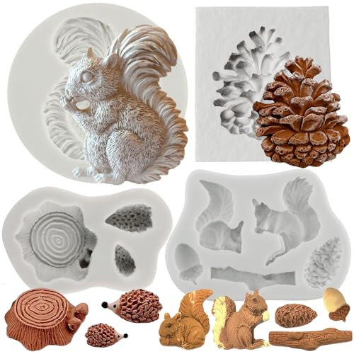 MYPRACS Lot de 4 moules en silicone avec animaux de la forêt, écureuils, pommes de pin, fondants, souche de hérisson, tronc d'arbre pour décorer des gâteaux, des cupcakes, du chocolat, de la pâte à